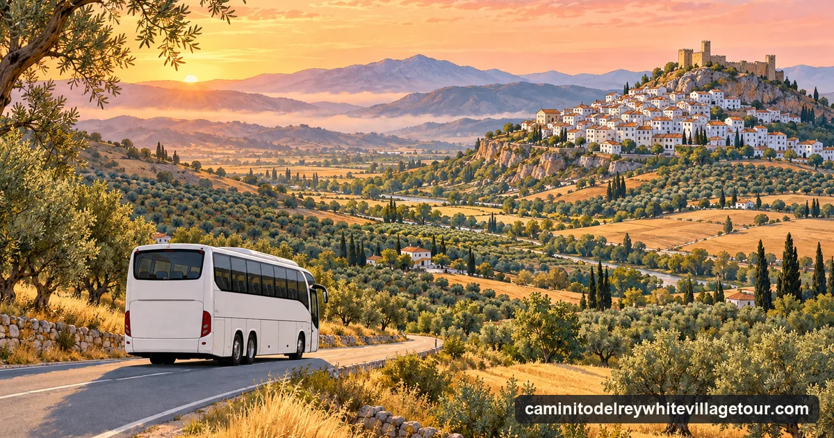 Illustration: a plain white coach on a country road through rolling olive groves and wheat fields at dawn, a white hill town on a ridge in the distance