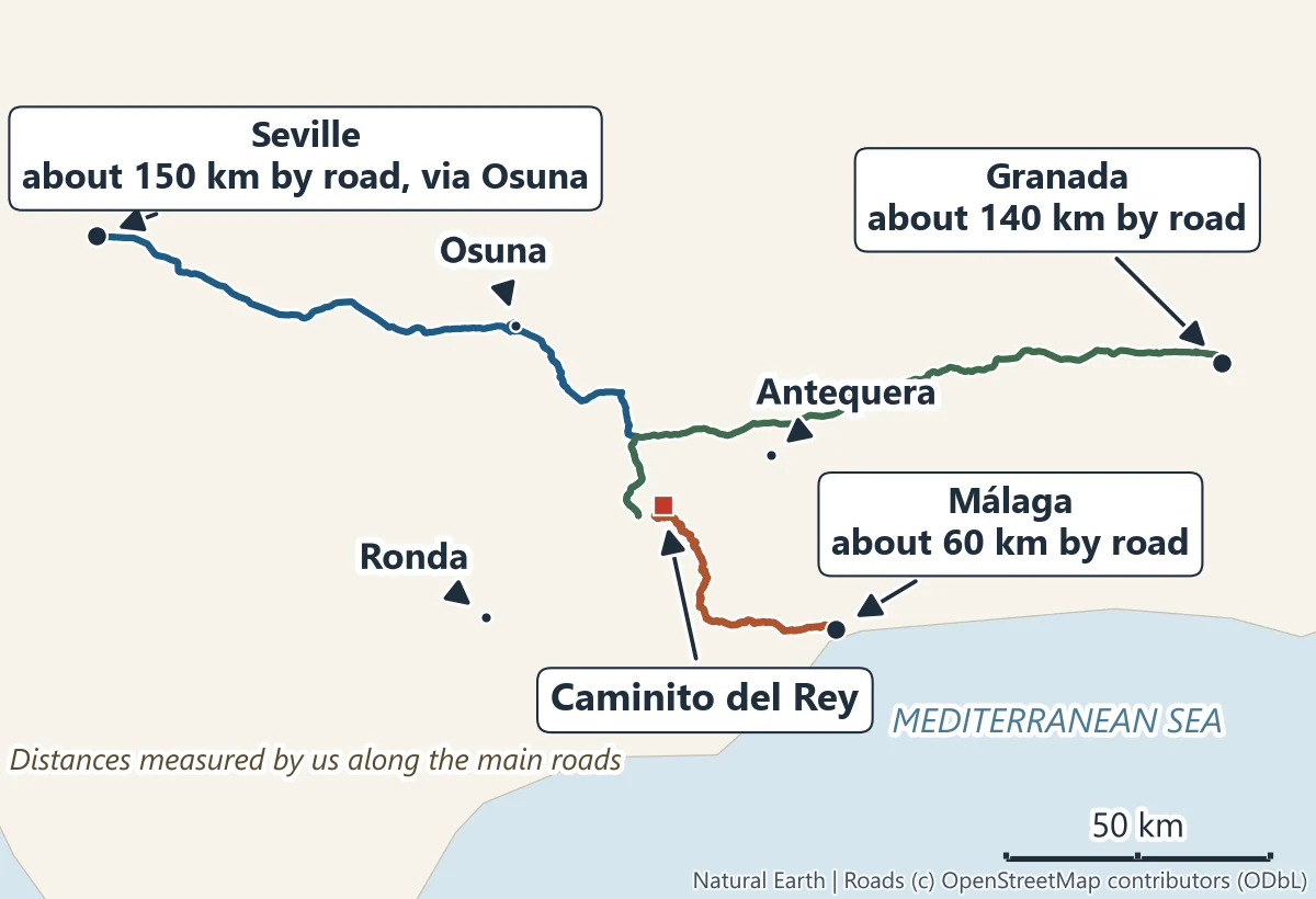 Map of Andalusia: the roads from Seville via Osuna, about 150 km, from Granada past Antequera, about 140 km, and from Málaga, about 60 km, to the Caminito del Rey, with Ronda to the west
