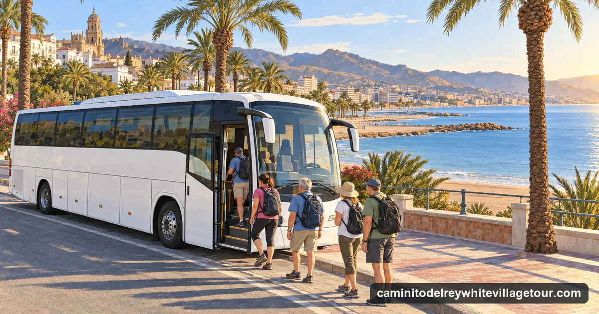 Illustration: a plain white coach at a seafront stop in early morning, palm trees and a beach behind, a few people with daypacks and walking shoes boarding