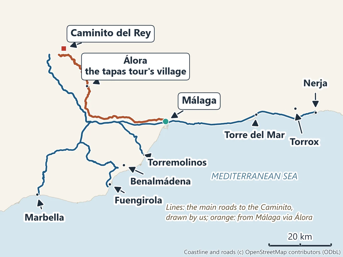 Map of the Costa del Sol with Marbella, Fuengirola, Benalmádena, Torremolinos, Málaga, Torre del Mar, Torrox and Nerja, and the main roads to the Caminito del Rey, the road from Málaga via Álora in orange