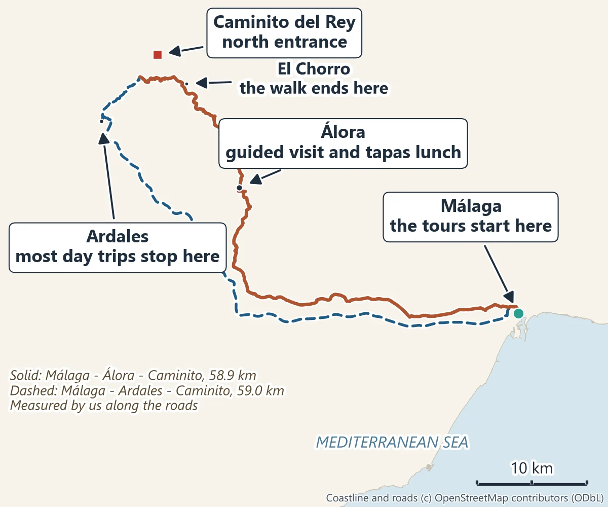 Map of Málaga province: the road from Málaga to Álora and on to the Caminito del Rey north entrance, 58.9 km, and the road via Ardales, 59.0 km, with El Chorro at the end of the walk