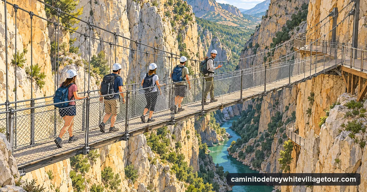 Illustration: a small group of walkers in helmets crossing a narrow suspension bridge high over a deep limestone gorge, a guide at the front turning to talk to them